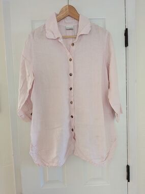 Click Womens Pink 100% Linen 3/4 Sleeve Button Up Collared Shirt Size M